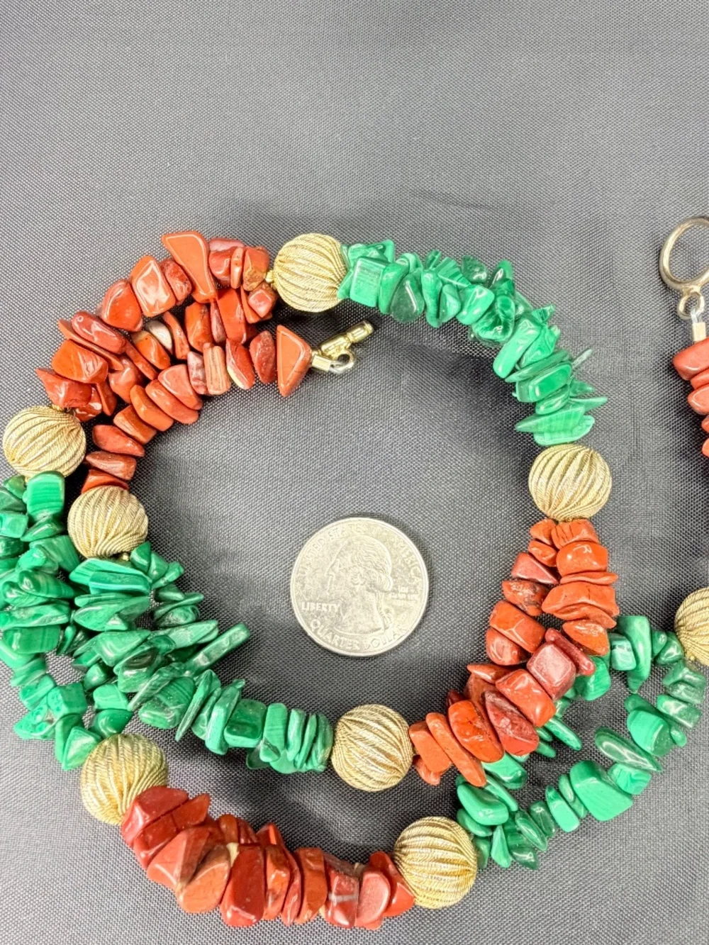 Vintage Malachite Artisan Necklace Red Jasper Chip Bead Double-Strand, Gold-tone